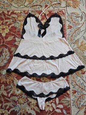 Women's VS Satin Lace-Trim Chemise & Bikini Set - Pink with Black Lace